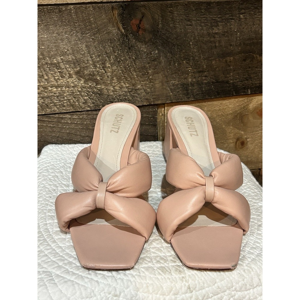 Schutz Fairy Puffy Mule High Heel Leather Sandal Size 10B Pink Open Toe
